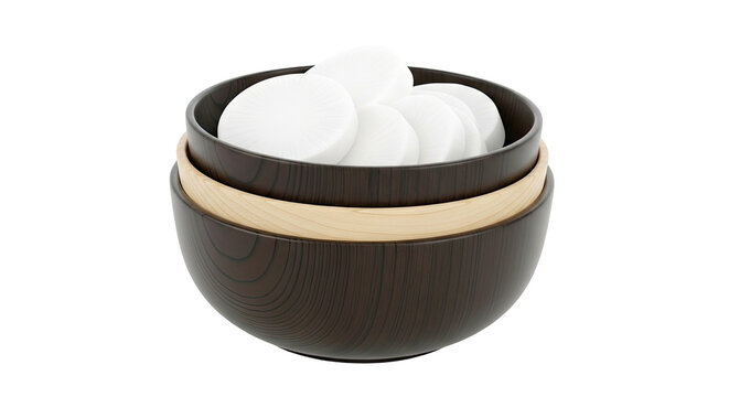 Stack of two bowls with white radish slices on a white background