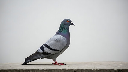 A proud rock dove stands alert on a concrete ledge, showcasing its iridescent plumage against a bright background