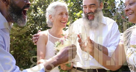 Clinking champagne flutes, couple in white dress, white shirt laughing in yard, bouquet, wristwatch
