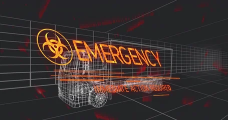 Fotobehang Vlees Projecting wireframe ambulance in 3D grid, showing neon EMERGENCY, biohazard, red streaks  © vectorfusionart