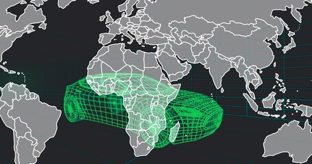 Naklejka premium Hovering neon-green wireframe car spanning virtual world map, with turquoise grid lines