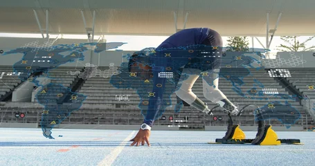Fotobehang Koken Preparing sprinter in navy top with carbon fiber blades crouching on blue track, near yellow blocks  © vectorfusionart