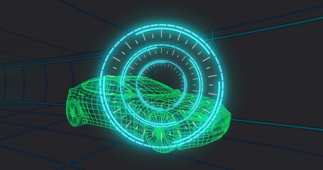 Fototapeta premium Displaying neon green wireframe sports car model rotating in simulated tunnel, with cyan HUD rings