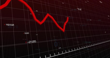 Tracing red jagged line chart falling across tilted grid on trading display, with numeric labels © vectorfusionart