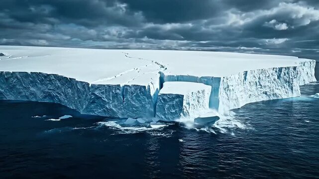 Cinematic aerial drone view of a massive white glacier ice shelf collapsing into the dark blue ocean with a huge splash. Global warming and climate change concept.