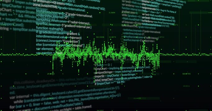 Displaying neon green waveform running across developer console monitor, with source code overlays