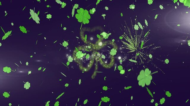 Sparks bursting, sparking central shamrock pulsing, rotating and sending clover sprites for logo