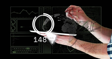 Naklejka premium Tapping pro hands holding stylus, supporting tablet in dark studio, showing checked cuff and HUD
