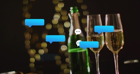 Showing pair of champagne flutes and green bottle bubbling on bar counter, with chat bubbles © vectorfusionart