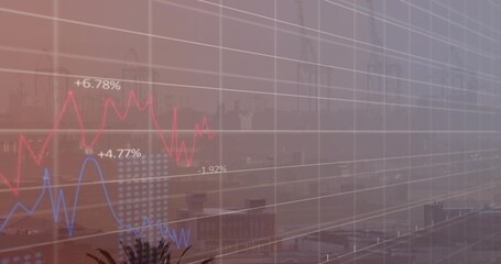 Showing financial charts on office glass, featuring red and blue trend lines and percentage labels © vectorfusionart