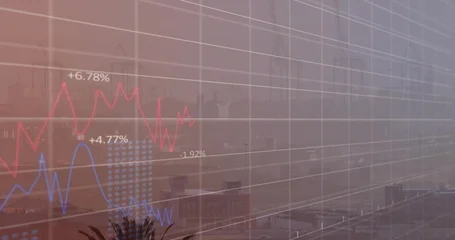 Fotobehang Vlees Showing financial charts on office glass, featuring red and blue trend lines and percentage labels  © vectorfusionart