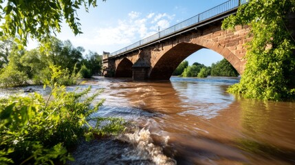 Fototapeta premium Majestic Medieval Bridge with Arches Emerging from Rising Waters Amidst a Scenic Landscape