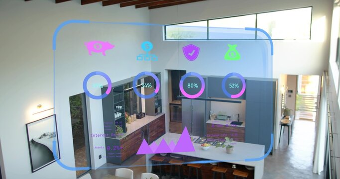 Displaying central kitchen island with holographic dashboard in open-plan kitchen, showing gauges