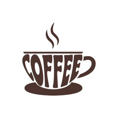 coffee cup typography logo with steam silhouette isolated on white background