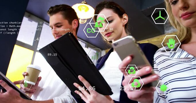 Team holding tabs and cups cam panning bringing phone green HUD over group showing business graphs