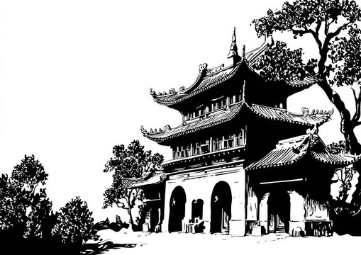 Ancient architectural structure in black and white illustration, showcasing intricate details and traditional design elements. scene evokes sense of history and cultural significance