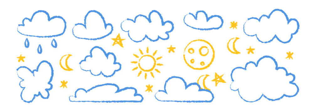 Set of crayon hand drawn sky elements. Cute pastel pencil strokes of clouds, stars, moon, and sun with chalk texture.