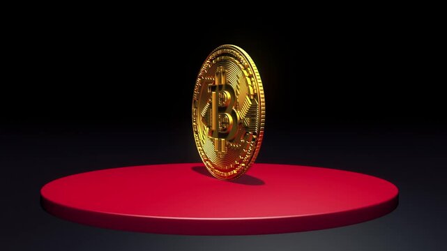 Golden Bitcoin Coin Rotating on Red Platform