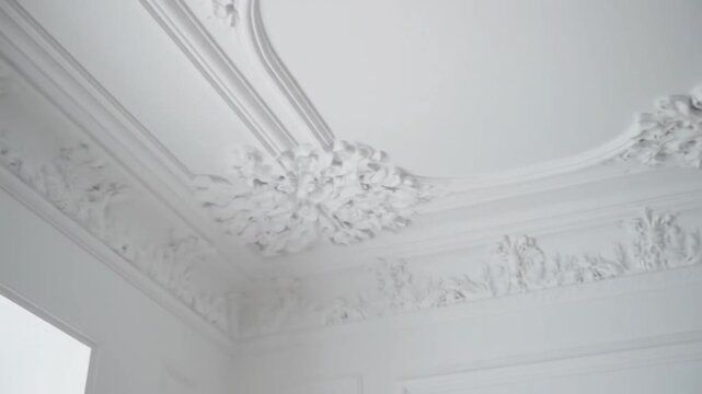 Intricate white plasterwork adorns a ceiling corner, showcasing floral relief and detailed molding