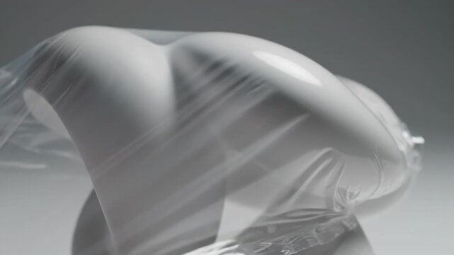 Clear film shrinking around form. A clear plastic film slowly draws inward around an object, conforming precisely to its shape.