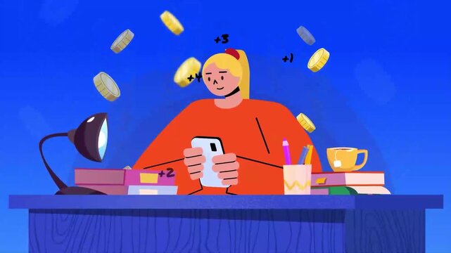 Animated character engaging with cryptocurrency on smartphone