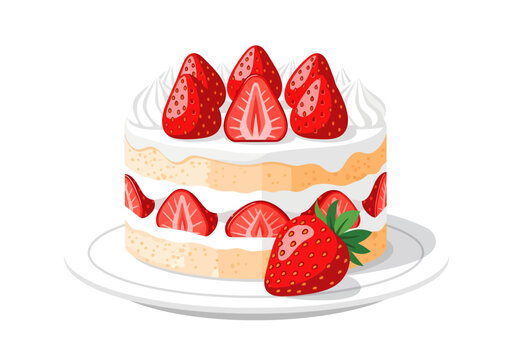 A charming vector illustration of a classic strawberry shortcake, featuring fluffy sponge layers filled with cream and sliced berries, crowned with luscious whole fruit