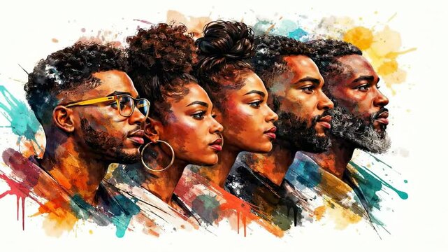 Black History Month abstract animation with diverse Black people. Confident modern characters looking forward with hope and future aspirations