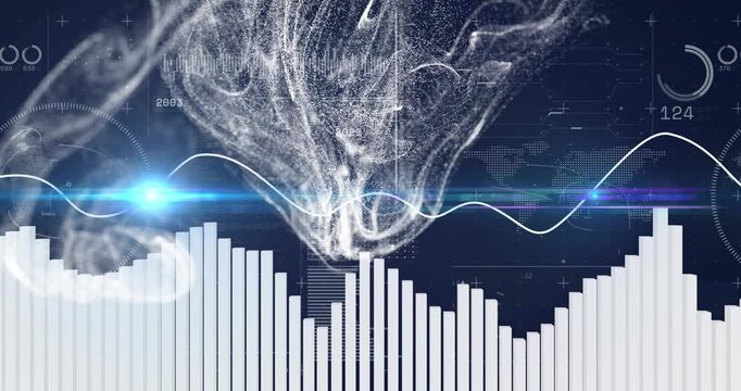 Audio peaks sparking particle vortex from EQ, HUD gauges pulsing, sine undulating for analytics