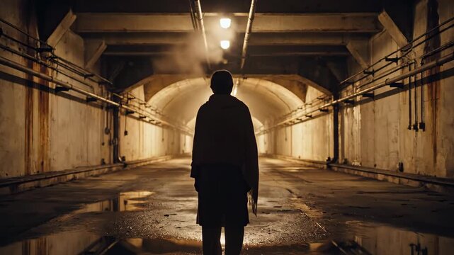 Tunnel choice silhouette. A silhouetted person pauses at a tunnel entrance, two illuminated passages stretching away into separate directions.