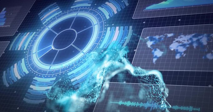 Left circular HUD pulsing, sending cyan particle ribbon rising right, nodes tracing data flow