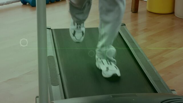 Lower legs and feet walking on treadmill, overlay tracking strikes after UI tap, analyzing gait