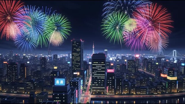 Nighttime cityscape with colorful fireworks display over illuminated buildings