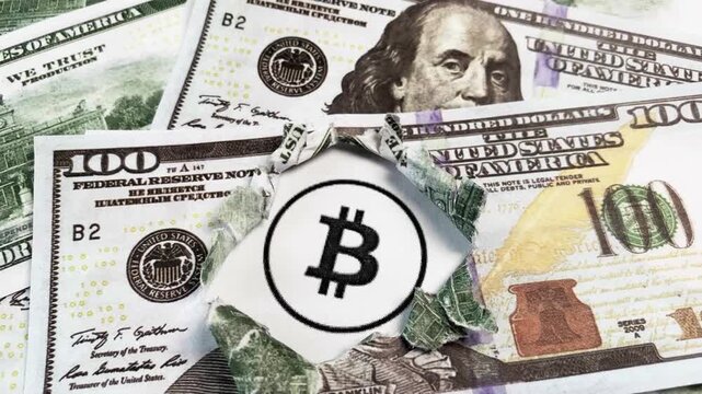 Bitcoin symbol on torn hundred dollar bill