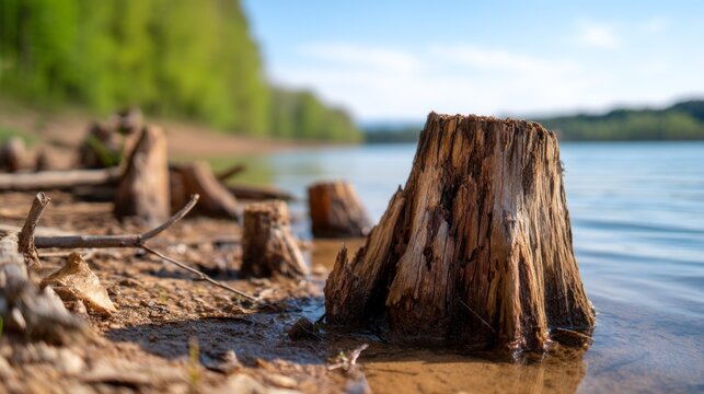 Trees and Stumps Along the Edge of a Reservoir with Calm Waters in the Background