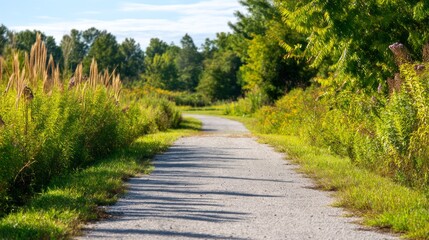 Obraz premium Serene Towpath Surrounded by Reclaimed Grasses and Slow Succession Near a Canal