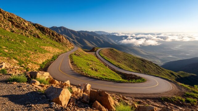 Scenic Mountain Switchback Road Revealed in Morning Fog with Lush Greenery at Dawn