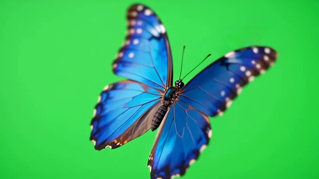Vibrant Blue Morpho Butterfly Flying on Green Screen Background