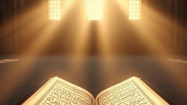 Open Holy Quran Glowing with Light During Ramadan Worship
