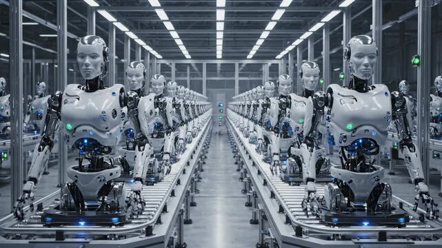 Synchronized robotic assembly line. An assembly line of identical robotic units moving in perfect synchronization along a straight conveyor