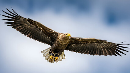 Naklejka premium Majestic eagle soaring through the clear blue sky with outstretched wings.