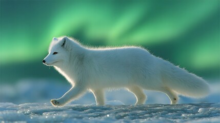 Obraz premium Majestic Arctic Fox Under Northern Lights in Icy Winter Landscape.