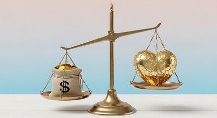 Obraz premium Golden Heart and Money Bag on Scales of Justice Symbolizing Love vs Wealth.