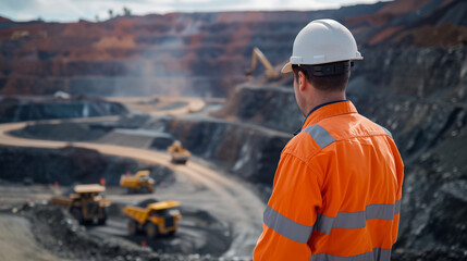 Male Mining Engineer in High-Visibility Safety Gear Overlooking Open-Pit Mine Operations. Industrial concept for mineral extraction, workplace safety, resource management, and heavy engineering.