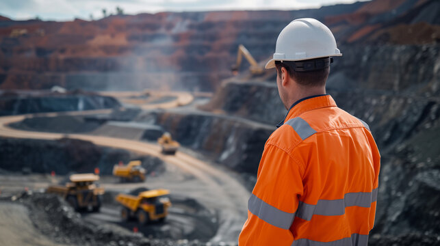 Male Mining Engineer in High-Visibility Safety Gear Overlooking Open-Pit Mine Operations. Industrial concept for mineral extraction, workplace safety, resource management, and heavy engineering.