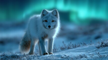 Obraz premium Arctic Fox in Winter Landscape with Northern Lights.