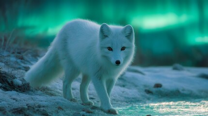 Obraz premium Arctic Fox in the Wilderness - A Majestic Creature Under the Northern Lights.