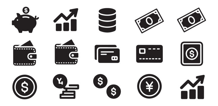 Financial icons piggy bank graph coins currency bills credit cards wallet and growth chart