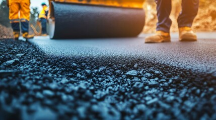 Asphalt pavement workers are actively laying down new asphalt on a construction site.