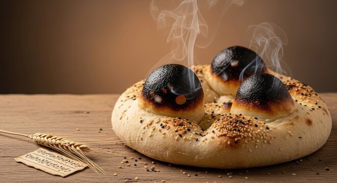 Fresh Egyptian Aish Baladi Flatbread with Rising Steam and Warm Left Copy Space