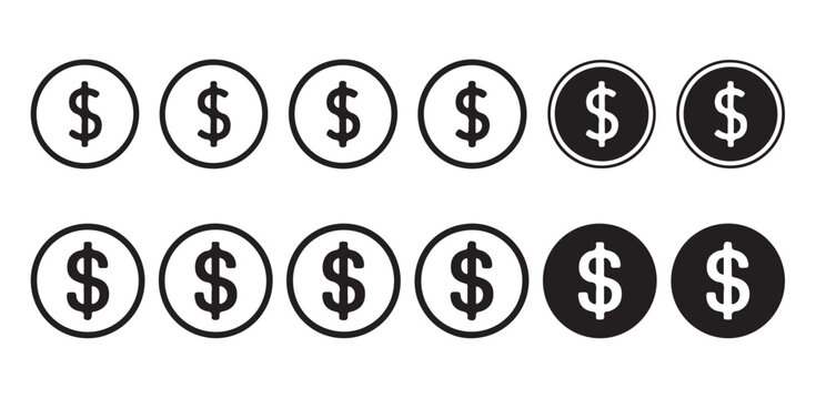 Curency dollar sign coin icons bundle with thin and thick border options and solid versions